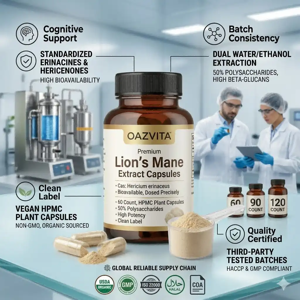 China Scalable Production of Lion’s Mane Mushroom Extract Capsules for Global Supply